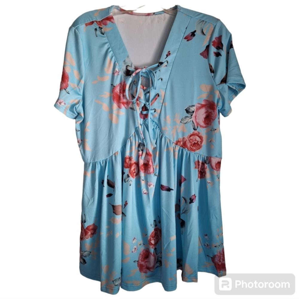 Baby Blue Floral V-Neck with Lace Up Size XL